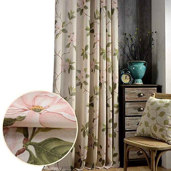 2 Panel Flower Curtains Linen Cotton Drapes - Anady Pink Floral Green Leaf Decro Curtains Drapes for Living Room Grommet 100 inch Long(Customized Available)