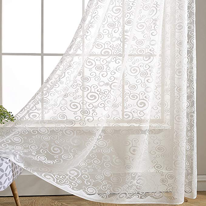 White Swirl Sheer Curtains Voile - Anady Top 2 Panel White Beautiful Floral Sheer Drapes Rod Pocket 72 inch Extra Wide(2018 NEW)