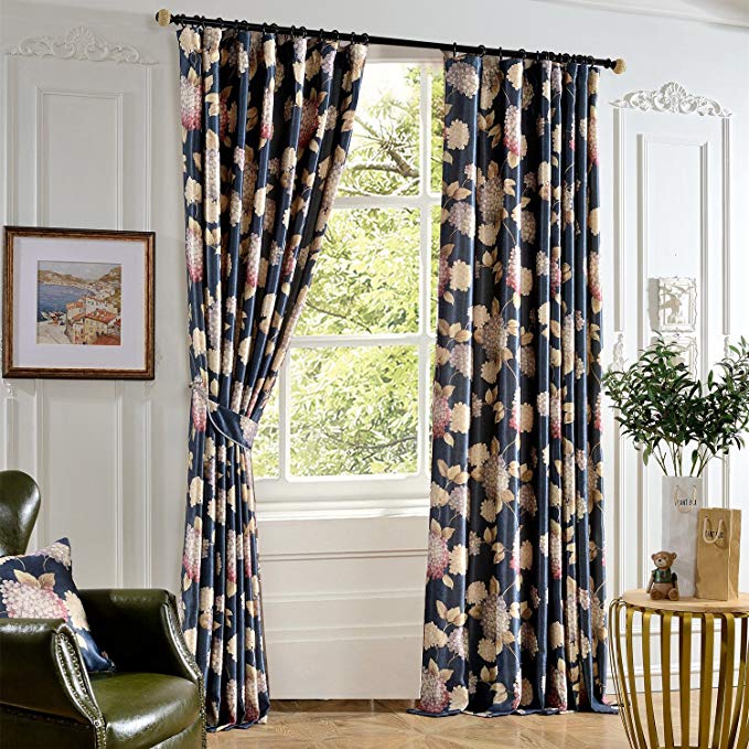 Anady Top Blue Curtains Flower Drapes 2 Panel Soft Decro Short Curtains Livingroom Plain Top Drapes 100 inch Length(Customized Available)