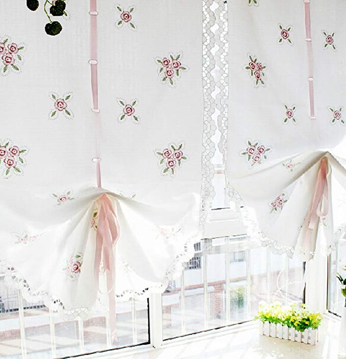 Pink Flower Embroidery Balloon Curtain Featured Linen Window Sheer